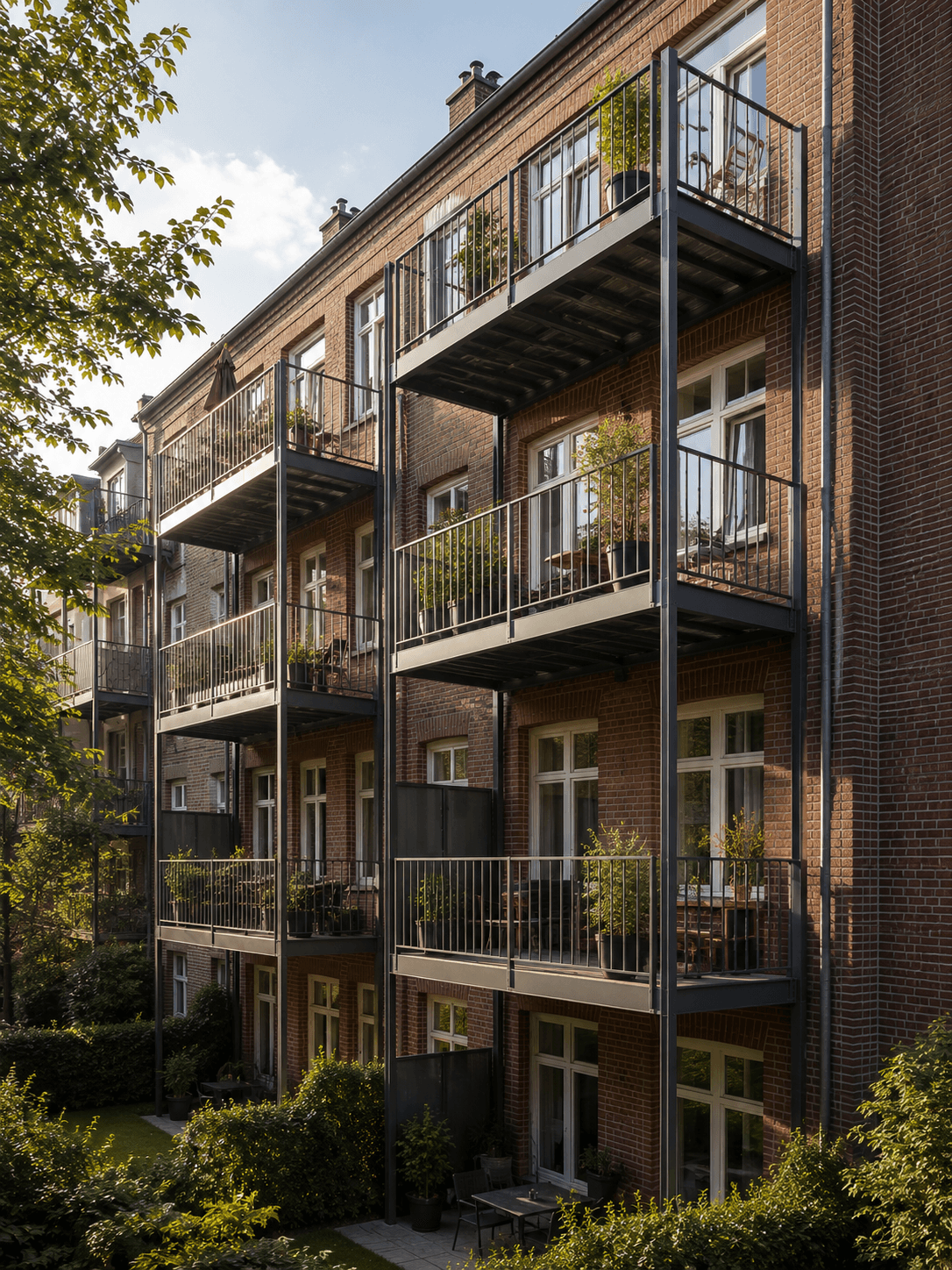Klinker-Mehrfamilienhaus in Hamburg mit nachträglich angebauten Balkonen über mehrere Geschosse